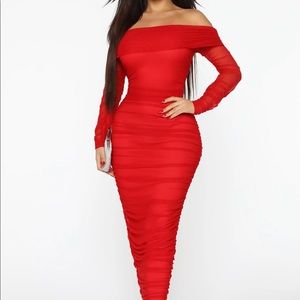 FashionNova off the shoulder ruched maxi dress
